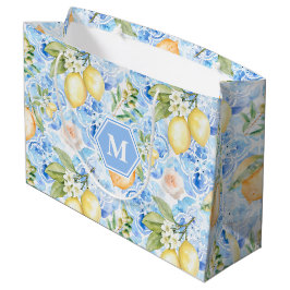 Mittelmeerblaue Fliesen-Limoncello-Monogramm-Name Große Geschenktüte