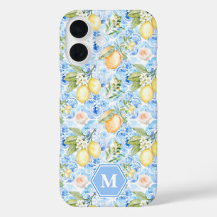 Mittelmeerblaue Fliesen-Limoncello-Monogramm-Name iPhone 16 Hülle