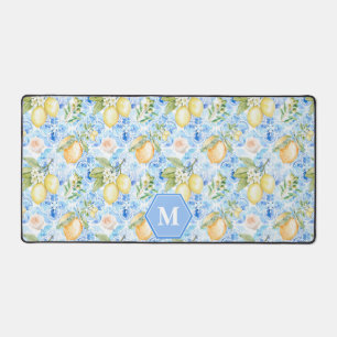 Mittelmeerblaue Fliesen-Limoncello-Monogramm-Name Schreibtischunterlage