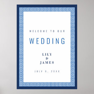 Mittelmeerblaue Griechische-Schlüssel-Hochzeit-Wil Poster