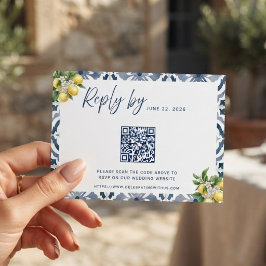 Mittelmeerblaue Zitronen-QR-Code-Hochzeits-RSVP RSVP Karte