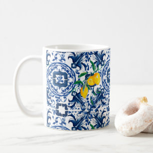 Mittelmeerfliesen, Majolika, blaue Fliesen, Zitron Kaffeetasse