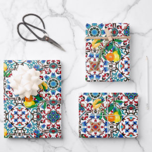 Mittelmeerfliesen,Mosaik,Zitrone,Sommerkunst Geschenkpapier Set