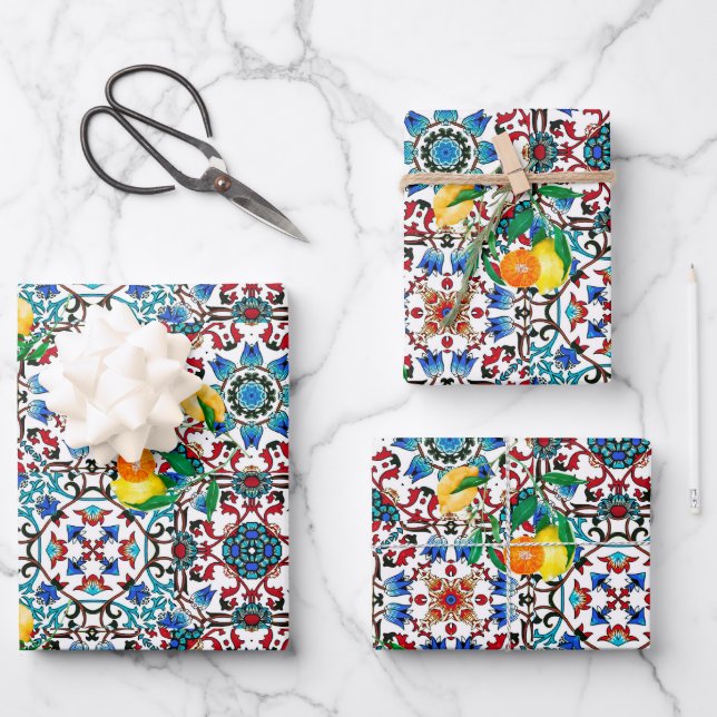 Mittelmeerfliesen,Mosaik,Zitrone,Sommerkunst Geschenkpapier Set (Vorderseite)