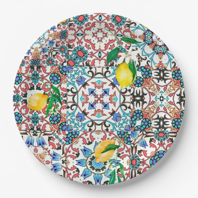 Mittelmeerfliesen,Mosaik,Zitrone,Sommerkunst Pappteller (Vorderseite)