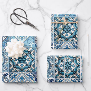 Mittelmeerfliesen, Portugiesisch, Azulejo, Majolik Geschenkpapier Set