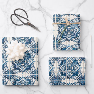 Mittelmeerfliesen, Portugiesisch, Azulejo, Majolik Geschenkpapier Set
