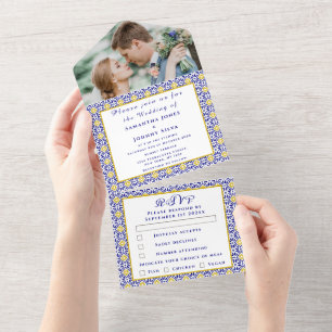 Mittelmeerfliesen Portugiesische Foto-Hochzeit  All In One Einladung