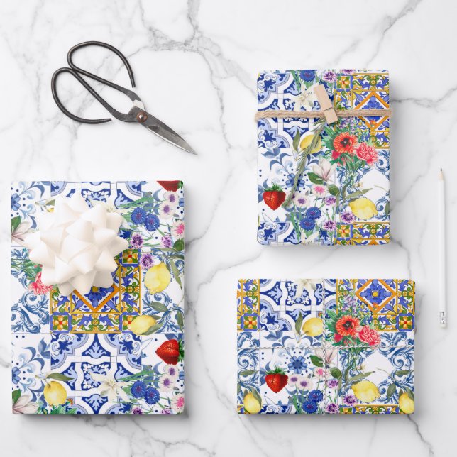Mittelmeerfliesen, Zitronen, Blume, Majolika, Geschenkpapier Set (Vorderseite)