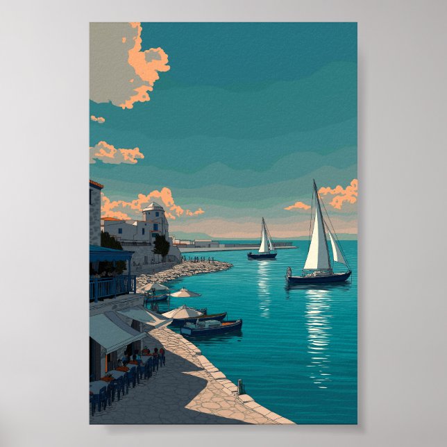 Mittelmeerhafenszene - Segelboote und Küste Poster (Vorne)