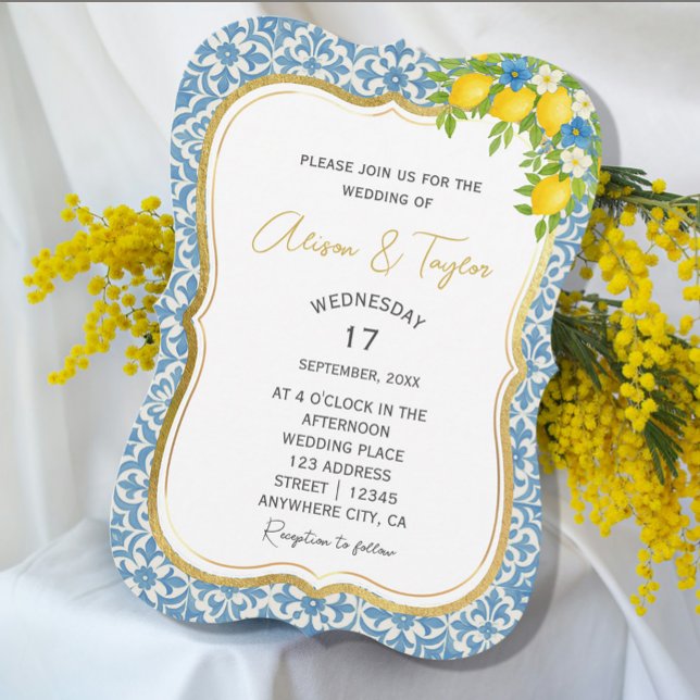 Mittelmeerlemon & Blauer Tile Einladung (Mediterranean Lemon & Blue Tile Wedding Invitation #zazzlemade #lemoninvitation #yellowandblue #chic)