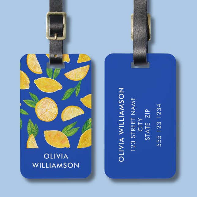 Mittelmeerlemon Gepäckanhänger (Lemon pattern blue luggage tag with personalization)