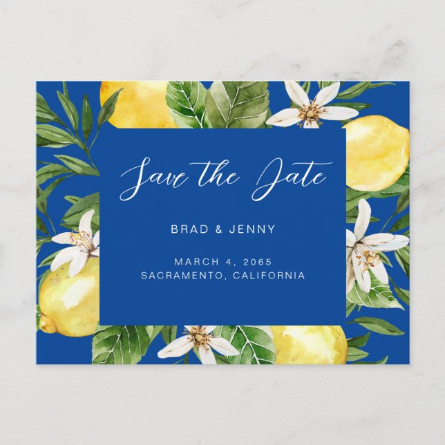 Mittelmeerlemon Wedding Blue Save the Date Einladungspostkarte (Vorderseite)