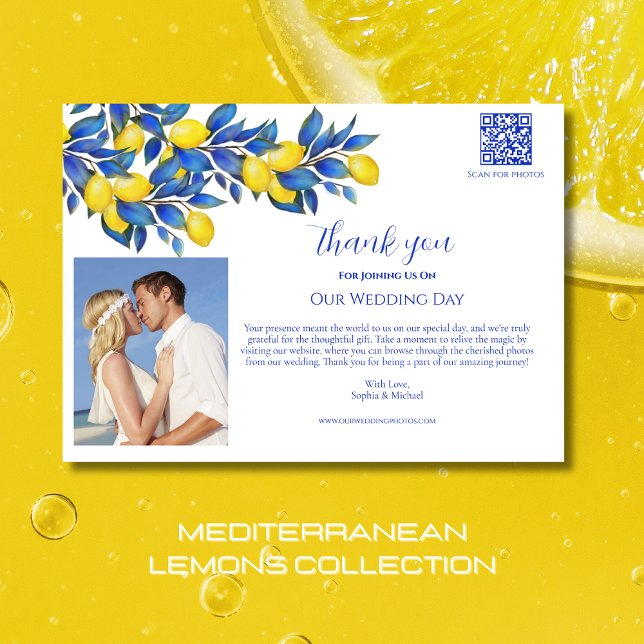 Mittelmeerlemonen-Hochzeit Foto-Vielen Dank Einladung (Mediterranean Lemons-Wedding Collection-Thank you  Card-Citrus-Yellow and Blue)
