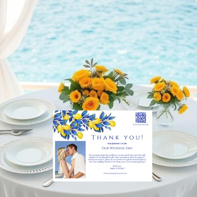 Mittelmeerlemonen-Hochzeit Foto-Vielen Dank Einladung (Mediterranean Lemons Collection-Thank You-Amalfi Italy, Yellow and Blue, Citrus)