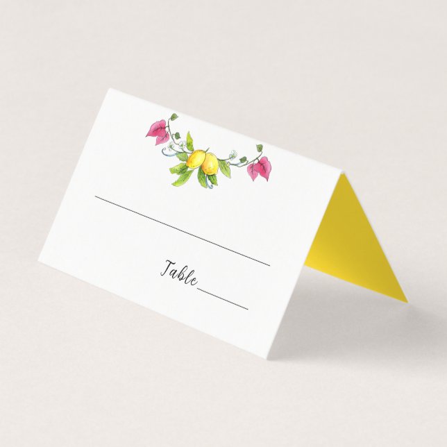 Mittelmeerlemonen Hochzeit gefaltete Platzkarten (Vorderseite)
