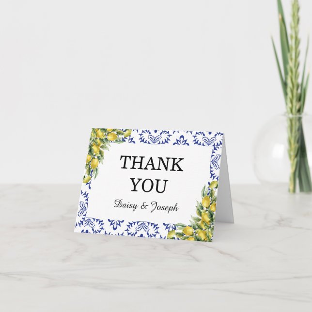 Mittelmeerlemonen Hochzeit mit blauen Mosaiken Dankeskarte (Vorderseite)
