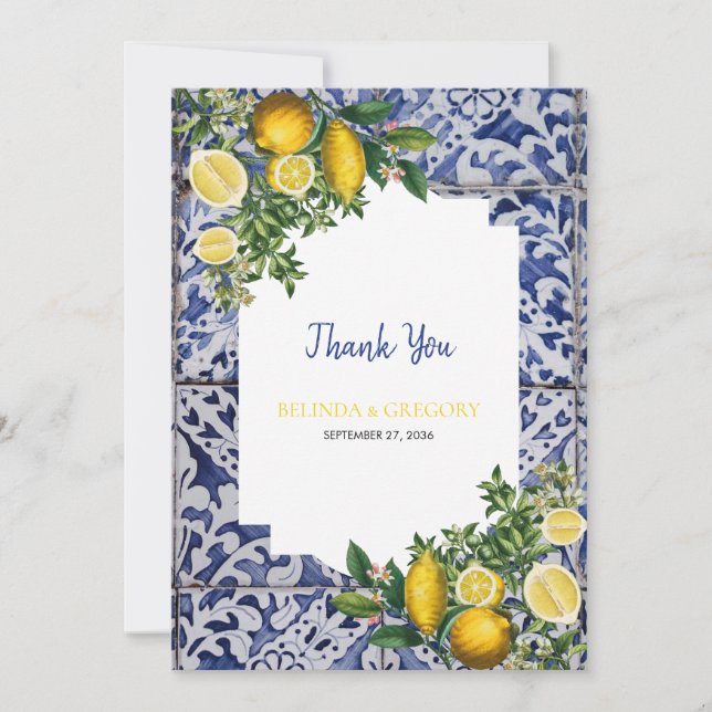 Mittelmeerlemonen Portugiesische Tiles Wedding Dankeskarte (Vorderseite)
