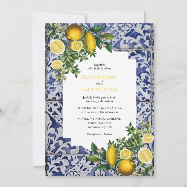 Mittelmeerlemonen Portugiesische Tiles Wedding Einladung (Vorderseite)