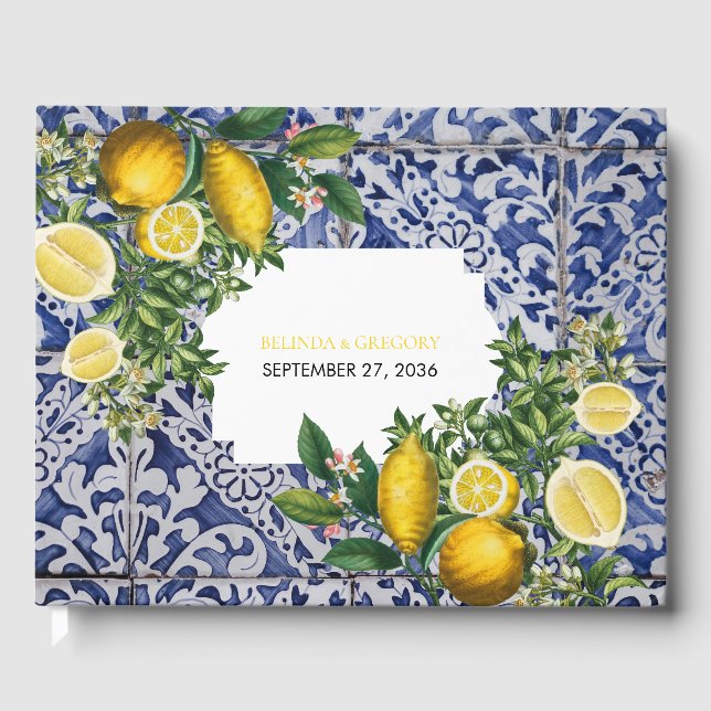 Mittelmeerlemonen Portugiesische Tiles Wedding Gästebuch (Vorderseite)