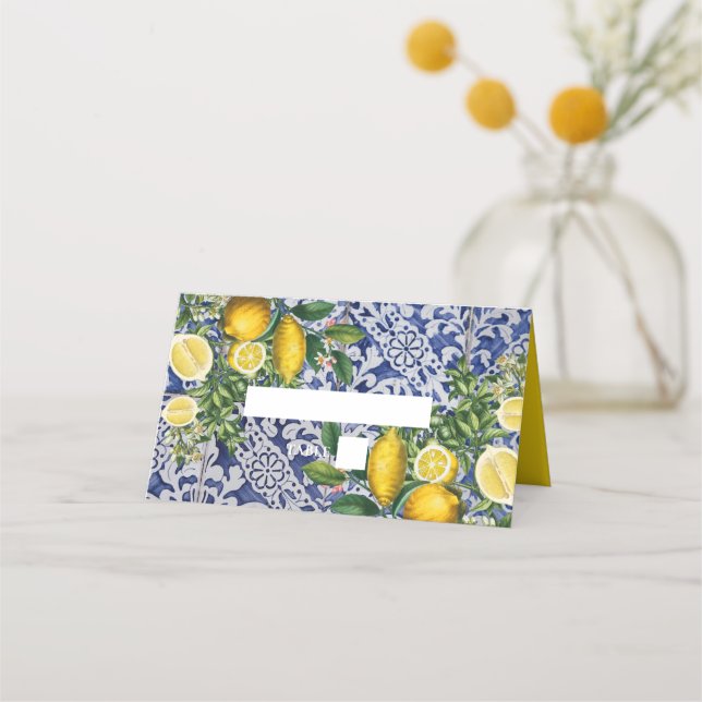Mittelmeerlemonen Portugiesische Tiles Wedding Platzkarte (Vorderseite)