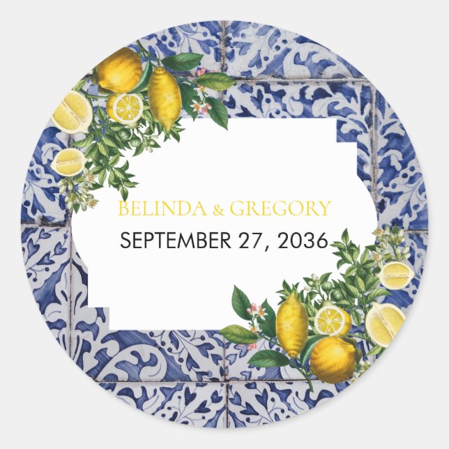 Mittelmeerlemonen Portugiesische Tiles Wedding Runder Aufkleber (Vorderseite)
