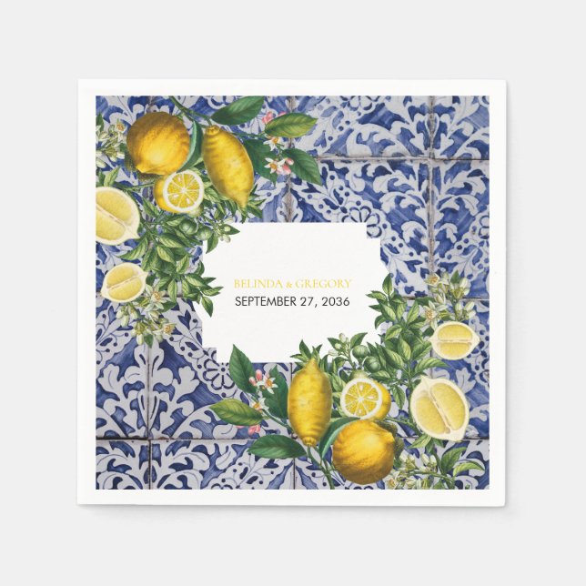 Mittelmeerlemonen Portugiesische Tiles Wedding Serviette (Vorderseite)