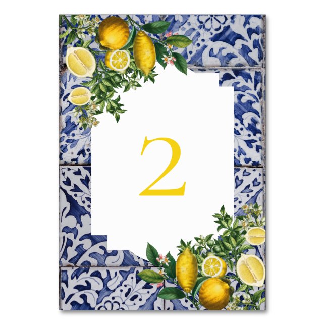 Mittelmeerlemonen Portugiesische Tiles Wedding Tischnummer (Vorderseite)