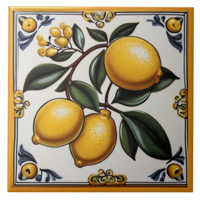 Mittelmeerlemonen - Vintage italienische Zitrusfrü Fliese (Vorderseite)