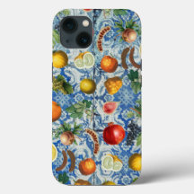 Mittelmeersommerfrucht und blaues weißes Mosaik