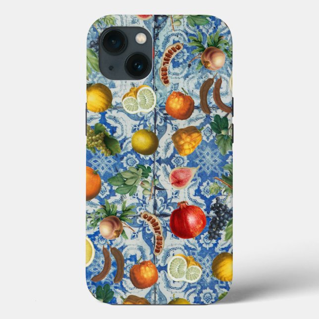 Mittelmeersommerfrucht und blaues weißes Mosaik Case-Mate iPhone Hülle (Rückseite)