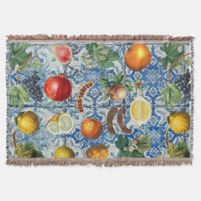 Mittelmeersommerfrucht und blaues weißes Mosaik Decke (Vorderseite)