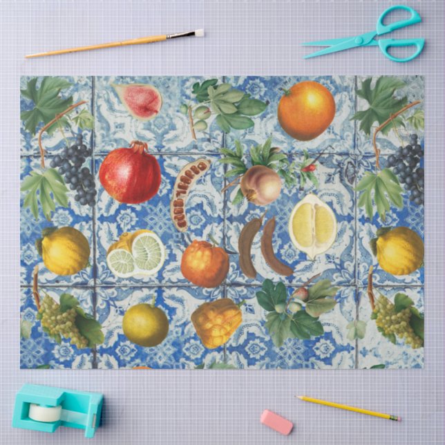 Mittelmeersommerfrucht und blaues weißes Mosaik Seidenpapier (Basteln)