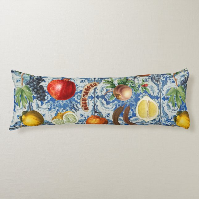 Mittelmeersommerfrucht und blaues weißes Mosaik Seitenschläferkissen (Vorderseite)