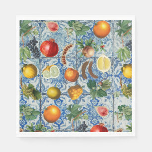 Mittelmeersommerfrucht und blaues weißes Mosaik Serviette
