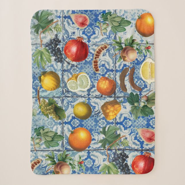 Mittelmeersommerfrucht und blaues weißes Mosaik Sherpadecke (Vorderseite)