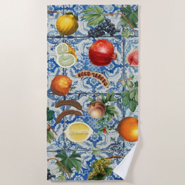 Mittelmeersommerfrucht und blaues weißes Mosaik Strandtuch (Vorderseite)