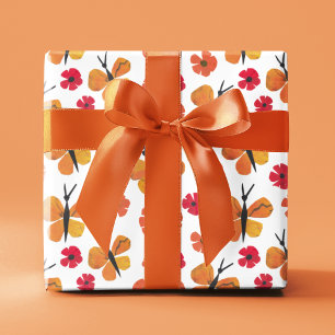 Mittelmoderne Schmetterlings-Mohn Rot Orange Geschenkpapier