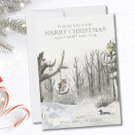 Mitten im Winter schneebedecktes Wald Natur Weihna Feiertagskarte<br><div class="desc">Personalisierte Weihnachtskarte mit vollständig bearbeitbarem Text. Das Design besticht durch eine inmitten des Winterwaldes gelegene Naturlandschaft mit dem warmen Glühen einer Straßenlampe,  einer Ente am See,  einer Eule am Schaukel und einem Rotkehlchen im Baum.</div>
