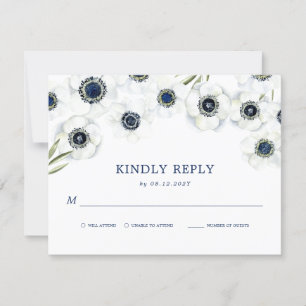 Mitternacht Anemone   Floral Wedding RSVP Karte