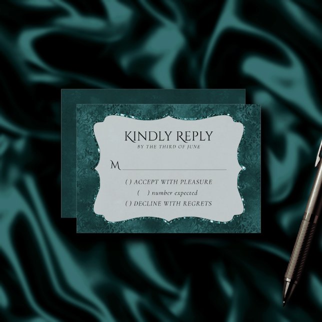 Mitternacht Aquamarin Romance | Dunkler Satiny Gru RSVP Karte (Von Creator hochgeladen)