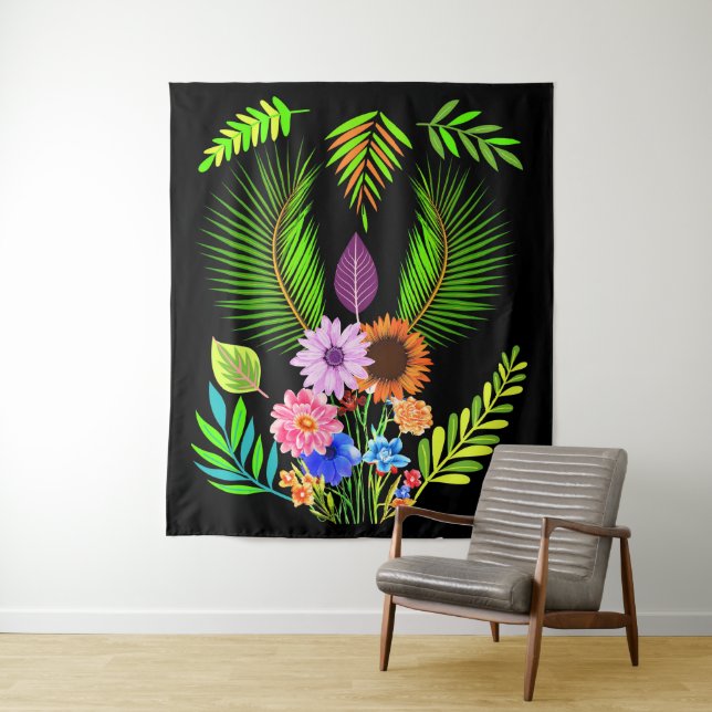 Mitternacht Blätter & Botanische Blume auf schwarz Wandteppich (Beispiel)