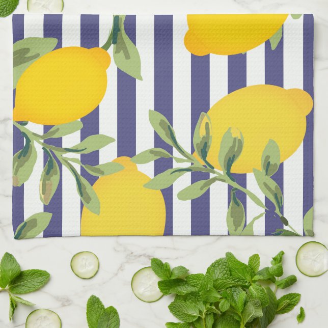 Mitternacht Blau Streifen und Lemon Küchentücher (Gefaltet)