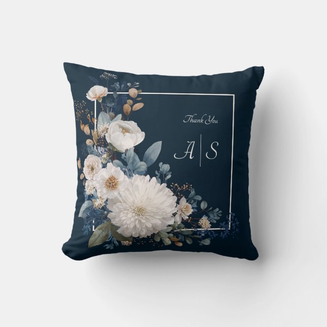 Mitternacht blauer Flora Elegant mit weißen Blüten Kissen (Vorderseite)
