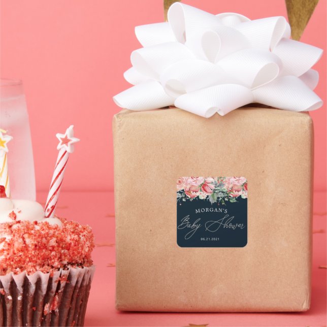 Mitternacht Bloom Floral Baby Dusche Quadratischer Aufkleber (Party)