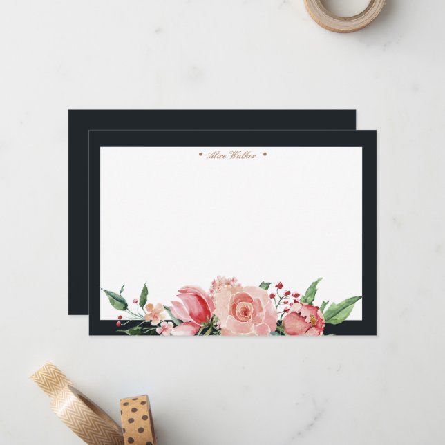 Mitternacht Bloom Floral Elegant Monogram Mitteilungskarte (Vorderseite/Rückseite Beispiel)