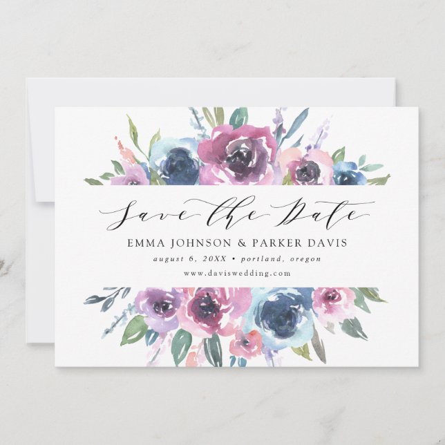 Mitternacht Blooms | Lila und blau Save The Date (Vorderseite)