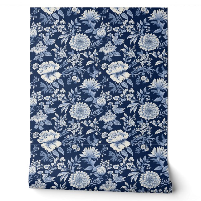 Mitternacht Blossom Petite - Blau und Weiß Tapete (Abrollen)