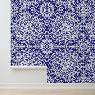 Mitternacht Blue Bohemisch Mandala White Lace Tapete