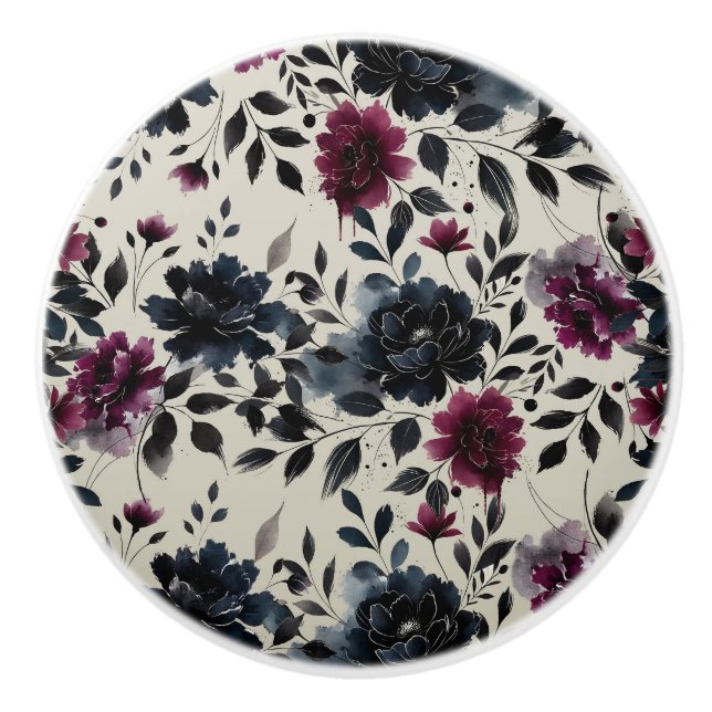 Mitternacht Blue Burgundy Inky Floral Almond Beige Keramikknauf (Vorderseite)